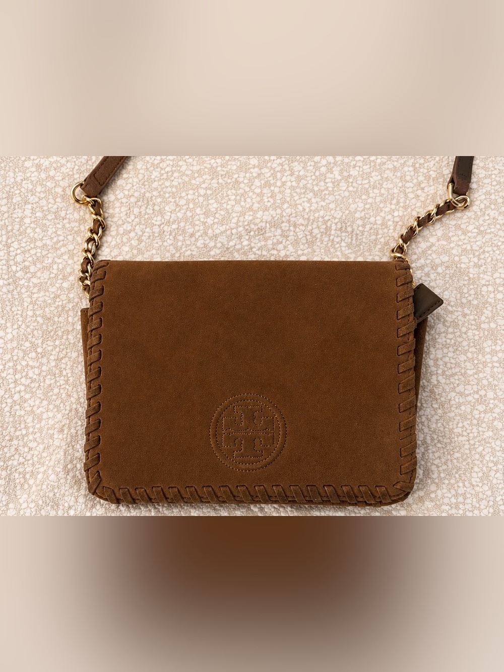 Tory Burch Brown Suede Card & Key Holder with Embossed Logo